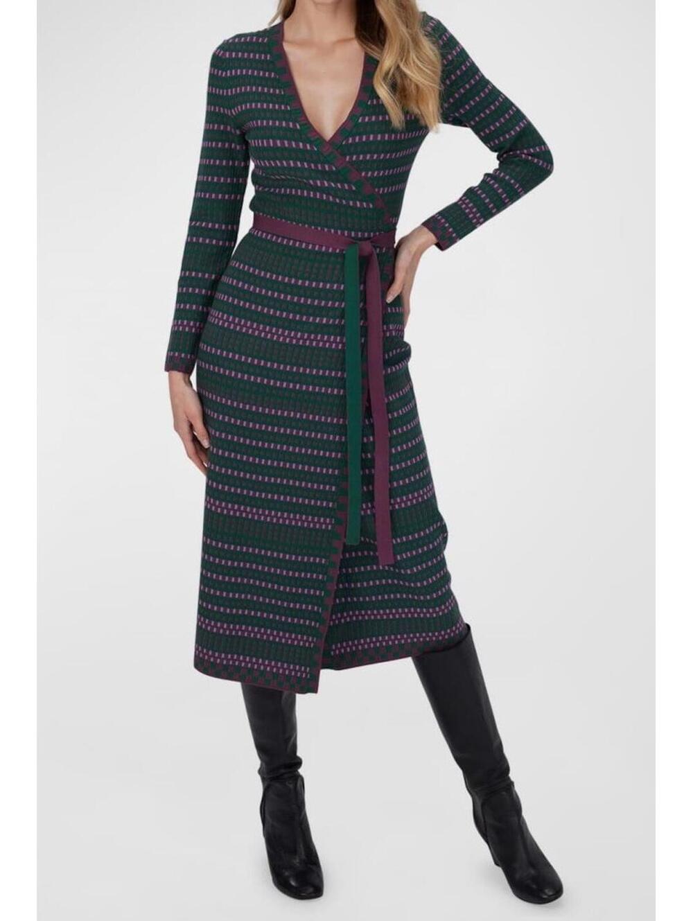 Diane von Furstenberg DVF Nita Knit Jacquard Geometric-Print Wrap Dress SM -flaw
